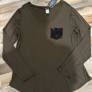 Heimish Olive Green Long Sleeve Top with Black Sequin Pocket
